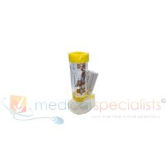 Yellow AeroChamber Plus Spacer with Mask (Child) stood upright